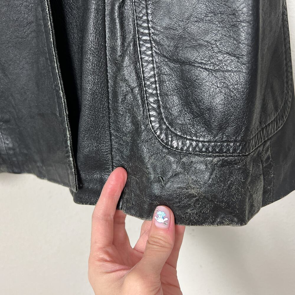 90s vintage black leather distressed faded minimalist grunge button coat jacket - Picture 4 of 9
